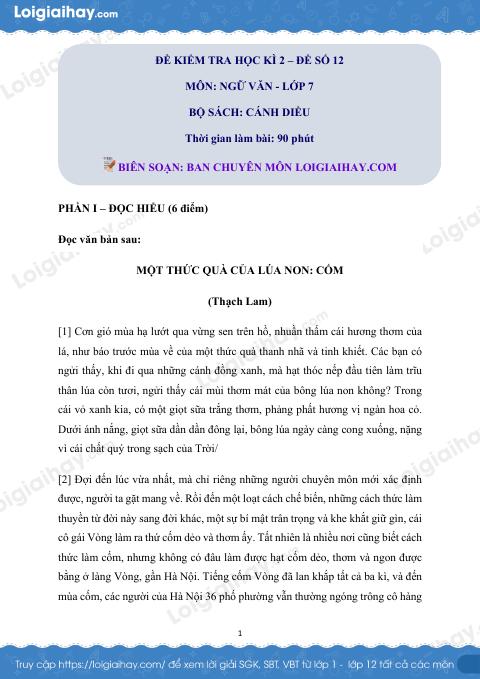Đề thi học kì 2 Văn 7 Cánh diều - Đề số 12